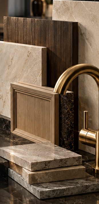 Stone slabs, a cabinet door sample, and a brushed-gold faucet