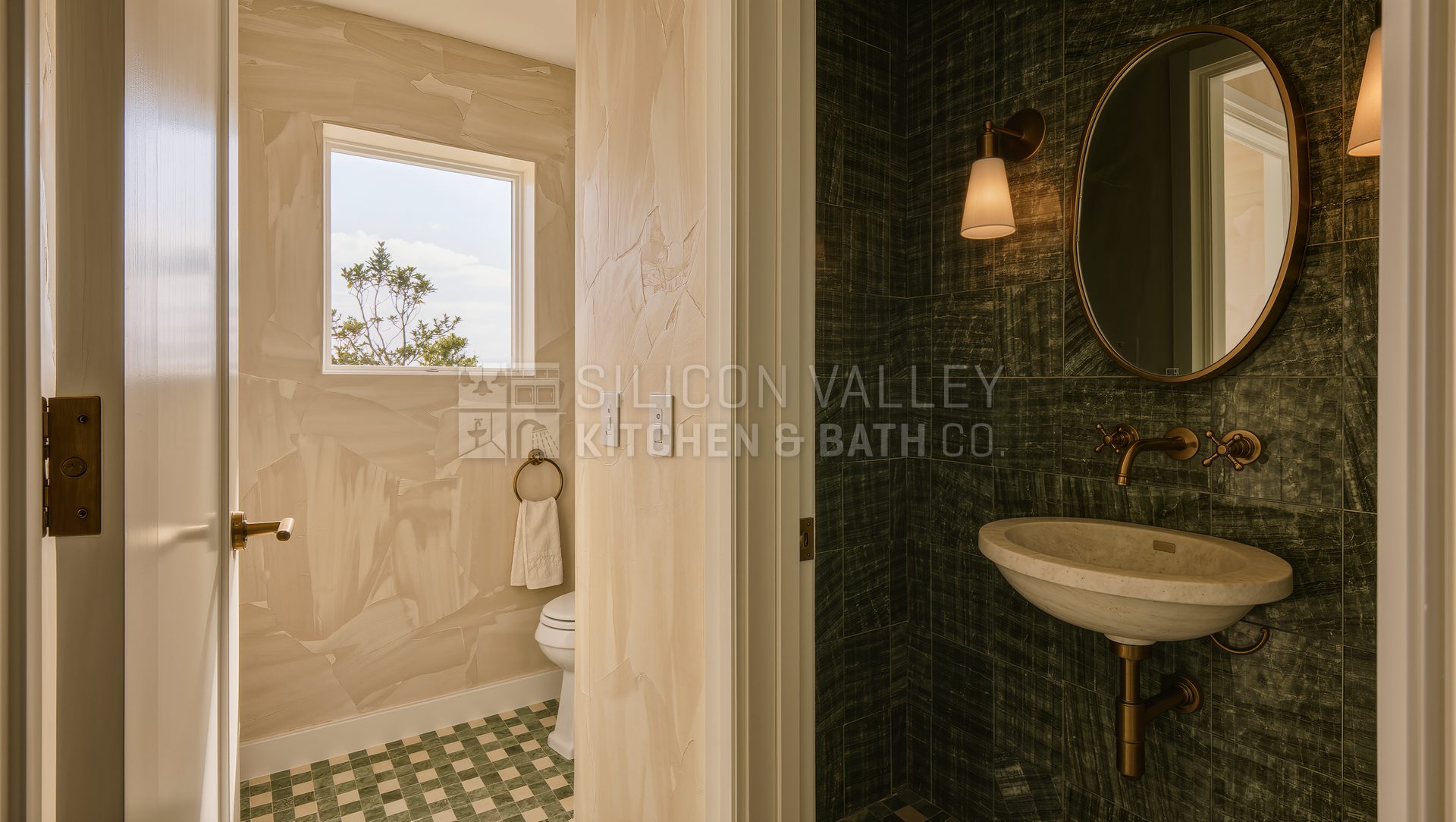 Green marble half bath (Los Altos) — Silicon Valley Kitchen & Bath Co.