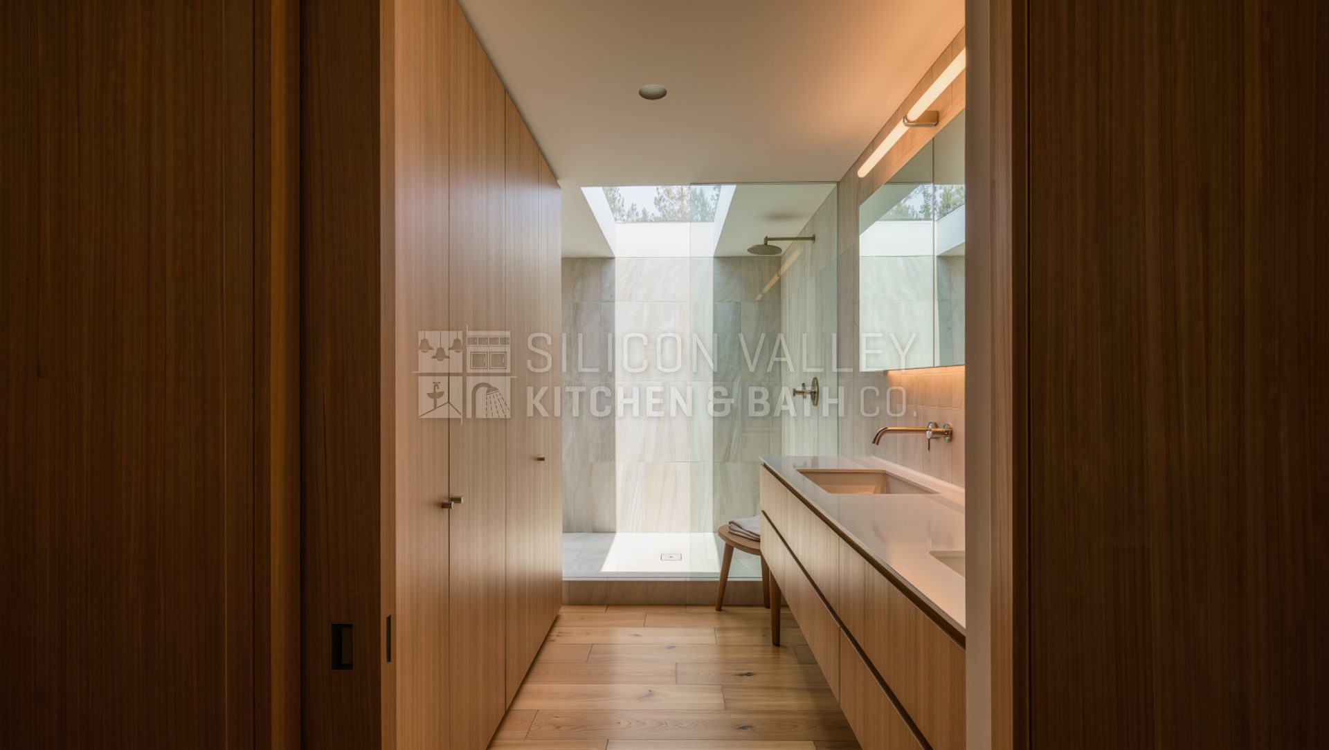 White oak + limestone Eichler bath with skylight (Palo Alto) — Silicon Valley Kitchen & Bath Co.