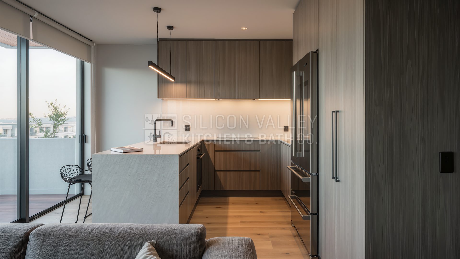 Compact condo kitchen with waterfall peninsula (downtown San Jose) — Silicon Valley Kitchen & Bath Co.